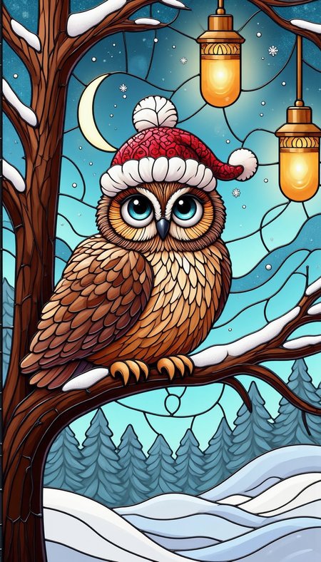 <lora:PinkieChristmasStainedGlassFLUX:1>, pinkchristmasstainedglass, A winter owl perched on a snowy tree branch, wearing a tiny Santa hat and glowing lanterns hanging nearby,