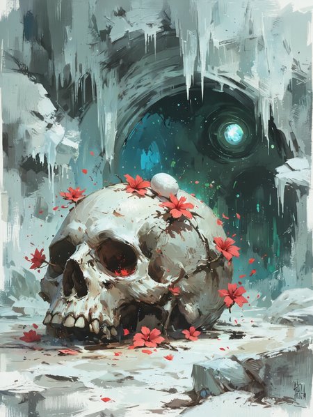 Create an Arctic cave where the ice domes are bathed in a cold blue light refracting and giving a greenish tint that pierces through cracks and ice crystals. In the center of the cave lies a colossal skull of an ancient creature, covered with an egg. From its empty eye sockets grow bright-red flowers of hibiscus and hipganana (Lycoris radiata), contrasting with the icy white. The petals of the flowers tremble in the frosty wind, and there is silence around them, broken only by a barely perceptible flicker of light in the depths of the ice. The atmosphere is a mixture of mysticism and fragile beauty, where life and death, heat and cold collide in an eternal dance.