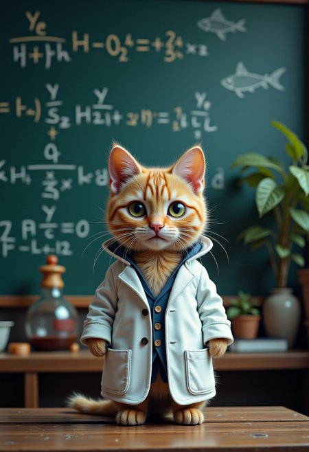 Jeddtlv3, A cat in a lab coat, standing in front of a chalkboard full of "complex equations," but the only thing written is a doodle of a fish