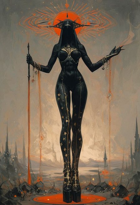 ((score_9, score_8_up, score_7_up)), (((character design, sci-fi warrior women, feminine power, perfect anatomy))), 
An enigmatic figure of a (satanic)nun(caucasian), her (dark habit_catsuit covers all her skin), conducting a sensual satanic ritual inside a dark cathedral during night under a red eclipse. Her (eyeless)mask, elaborate crown, (fully)conceals her identity, adding to her mystique and allure. gold stiletto platform thigh boots, big breasts, tiny waist, flat abs, naughty, looking at viewer, seducing with her body, dancing towards viewer with her arms posing, sexy ass seductive wide hips, butt cheeks, twerk, huge perky breasts, in the style of a vintage, high-contrast setting. Emphasize theatrical elements with extreme opposition of bright colors against dark, moody backgrounds, under a dark red sky
,big butt, booty, bubble butt, <lora:add-detail-xl:2>