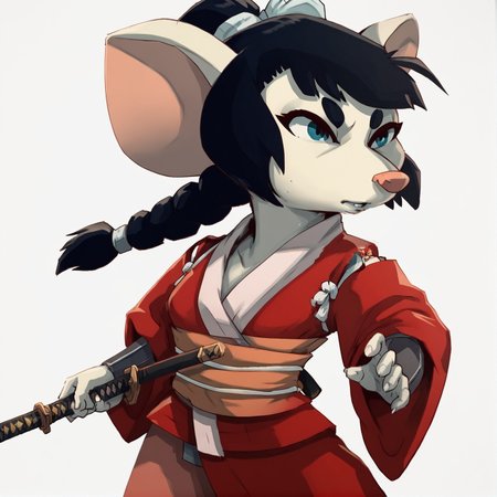 score_9,score_8,score_7,source_furry,
<solo:1.5>,
<1girl:1.5>,
1girl, akane_curse_sea_rats, akane_rat, black hair, blue eyes, braid, furry, furry female, holding weapon, japanese clothes, katana, rat girl, sword, white background,
<lora:Akane_Curse_of_the_Sea_Rats:1> akane_curse_sea_rats