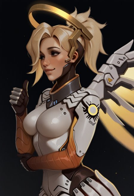 qu45681style, painterly, masterpiece  best quality,  solo,   mercy from overwatch, dumb epression, dull eyes,  blonde,  golden glowing halo, wings, side angle, mascara, bust, armor, thumbs up,