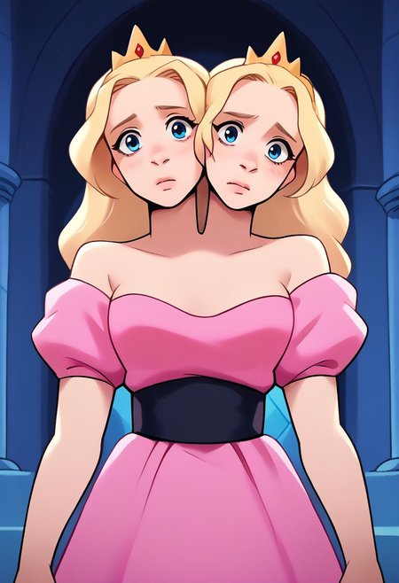 score_9, score_8_up, score_7_up, score_6_up, score_5_up,  <lora:st3v3nXLP:1> st3v3n, princess, puffy sleeves,cleavage, solo, medium breasts, off-shoulder pink dress, 1girl with twoheads, long hair, blonde hair, blue eyes, indoors, castle, 2heads