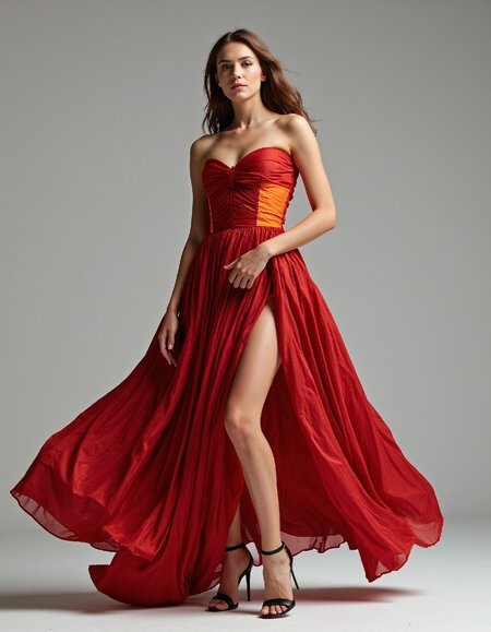 Fashion photography featuring a woman in a flowing, avant-garde haute couture gown, dynamic pose, studio shot with softbox lighting, shallow depth of field, emphasis on fabric texture and movement, neutral color palette with a pop of vibrant accent color, high-resolution detail, editorial-style composition