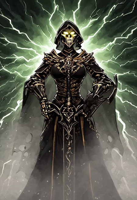 (dark Fantasy setting:1.2),Lord female black knight holding a holy light glowing GREATSWORD, piercing through a dark giant skeleton beast Paarl, with lightning flashing aura