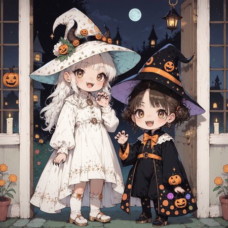 score_9, score_8_up, score_7_up, source_anime, (((2girls))), standing next to each other, girla and girlb, (ultra HD quality details), anime, slightly chibi, BREAK,
girla, on the left, witch costume, witch hat, smug expression, 
BREAK,
girlb, on the right, vampire costume, fangs, claw pose, 
BREAK,
(detailed image, high resolution, 5k resolution:1.0), trick or treat, veranda, at the door, holding candy bags, halloween aesthetics, evening
