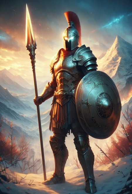 score_9, score_8_up, score_7_up, Spear Warrior, holding spear, Spartan with helmet and armor.  Glowing eyes, mountains, snowy