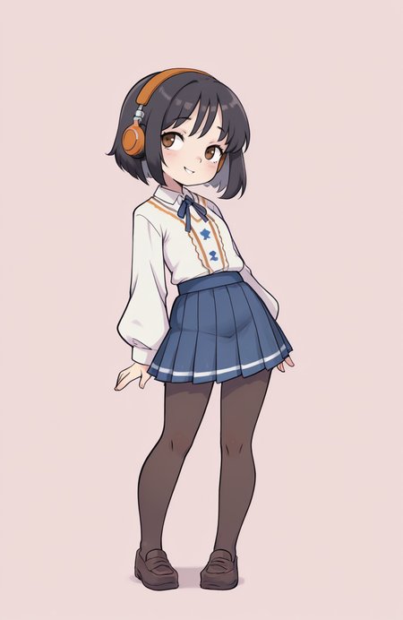 1girl, solo, <lora:qtkat:0.9> qtkat,
<lora:ffgarnet-illu-nvwls-v1_1:0.5> ffixgarnet, black hair, brown eyes, short hair, music club uniform, blouse, ribbon tie, pleated skirt, pantyhose, loafers, headphones, standing, hair cascading, enticing glance, relaxed smile, flirtatious stance, extremely detailed, highres, masterpiece, best quality