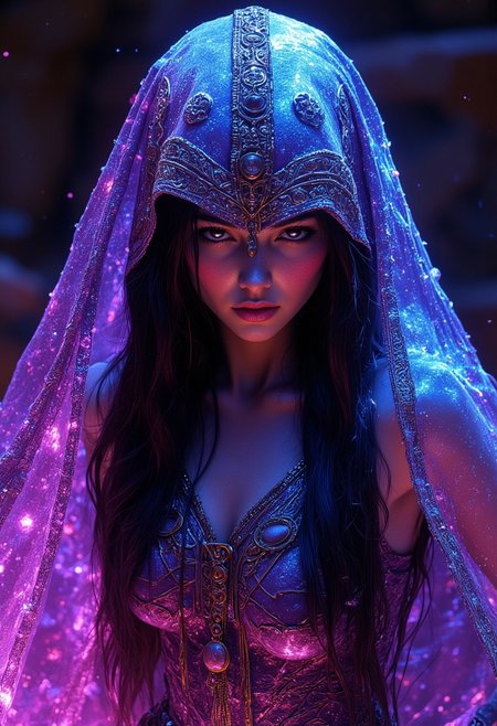 abstract neon ink image in bright, surreal iridescent gradient colors, side portrait of a female nomad warrior wearing a bronze age helmet covering her face, long flowing dark hair, bronze breastplate