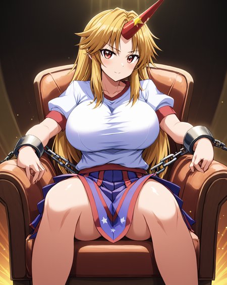 hoshiguma yuugi,1girl, kiseru, solo, single_horn, fang, chain, cuffs, sitting, skirt, large_breasts, chair, shirt
<lora:hoshiguma_yuugi_image3866_2023-12-17-000008:1>,star-shaped_pupils,symbol-shaped_pupils,. gorgeous,key visual, vibrant, studio anime,award-winning, professional, highly detailed,high budget, cinemascope