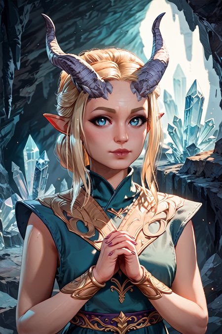 score_9, score_8_up, score_7_up, score_6_up
<lora:BGMainFemale:1.0>
BGMainFemale, 1girl, blonde hair, blue eyes, demon horns, pointy ears, looking at viewer, Hands clasped in front, Crystal cave with shimmering stalactites, magical and awe-inspiring
