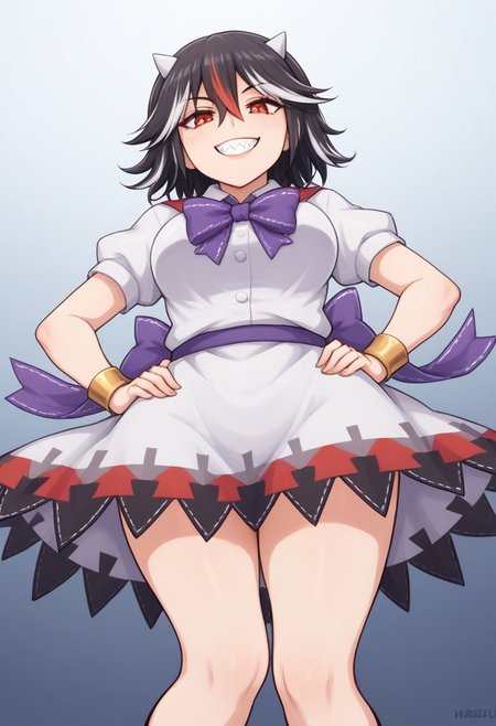 score_9, score_7_up, source_anime, source_cartoon, perfect face, EyesHD, 145, BREAK, (illustration), intricately detailed illustration, Exquisite color design, (best quality, ultra detailed), smooth skin, high details, (1girls), mature female, beauty, thick thighs, big breasts,  kijin_seija, short hair, multicolored hair, (black hair), streaked hair, red hair, white hair, hair flaps, hair between eyes, red eyes, horns, small horns, grey horns, cone horns, white horns, white collared shirt, white buttons, sailor collar, bracelet, purple bowtie, puffy short sleeves, white dress, white skirt, layered skirt, underskirt, purple belt, purple bow, arrow print, arrow \(symbol\), facing viewer, narrowed eyes, looking at viewer, grin, sharp teeth, front view, low angle, day, hands on hips,