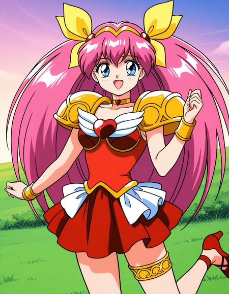general,highres, ultra-detailed,very aesthetic,best quality ,best hands,  BREAK <lora:Hanasaki_Momoko_IS:1>Hanasaki_Momoko, 1girl,solo, long hair, pink hair, blue eyes, yellow bow, breasts, a, hair bow, twintails, very long hair, hair ribbon, 1990s (style),anime coloring, smile,looking at viewer, cowboy_Shot,
heart brooch, magical girl, brooch, jewelry,  open mouth, shoulder armor, thighlet, dress, armor, smile, choker, pauldrons, solo, looking at viewer, heart, skirt, high heels, bow, hairband, shoes, red footwear, bracelet, red dress, ribbon.
sky, grass,