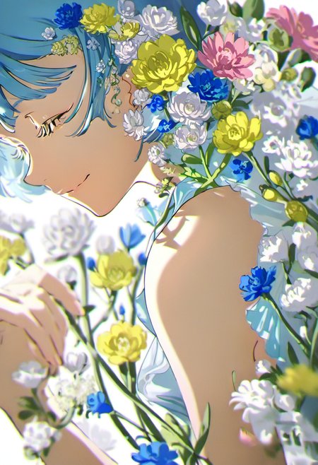 1girl, solo, flower, blue hair, blue flower, yellow flower, white background, from side, bare shoulders, upper body, eyelashes, hair flower, blurry, hair ornament, white flower, closed mouth, simple background, bangs, smile, pink flower, sleeveless <lora:yoneyamaiXL_NBVP1_lokr_V6311P:0.95>