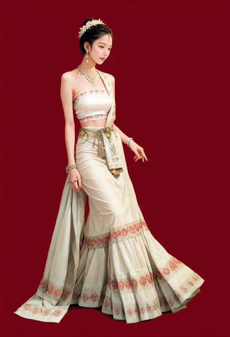 1girl,red background,,ruanyi1012,sari,dress,tube top,necklace,jewelry,bracelet,
full body,<lora:1012 traditional clothing 1_v1_pony:1>, score_9,score_8_up,score_7_up,,8k,1girl,solo,,