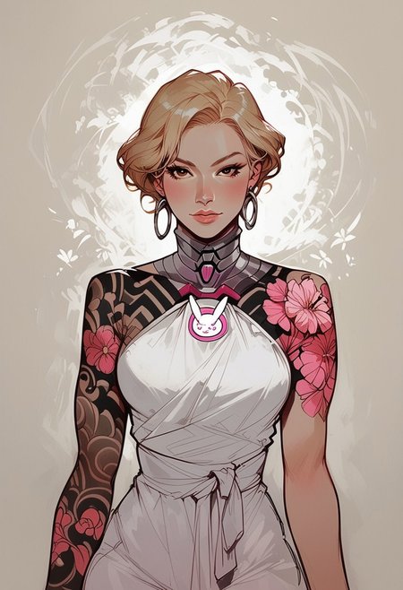 score_9, score_8_up, score_7_up, western cartoon, 1girl, Asian,cheekbones, attractive woman,bare shoulders,seductive,short Hair,  blonde hair, straight hair,  white coat, white bralette, white suit pants, light skin, , tattoo sleeve, Japanese tattoo, full arm tattoo, irezumi, short hair, pale skin, d.va