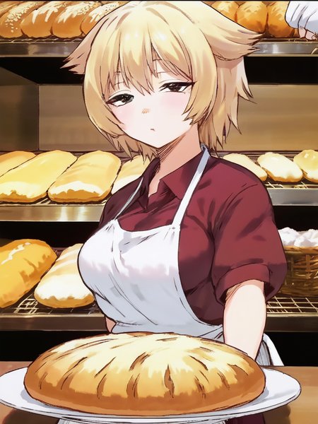 anime drawing of fuchibeppu chiyuri girl, masterpiece, best quality, girl baker in an apron kneads dough and bakes bread, blonde hair,  <lora:fuchibeppu_safetensors:1>
