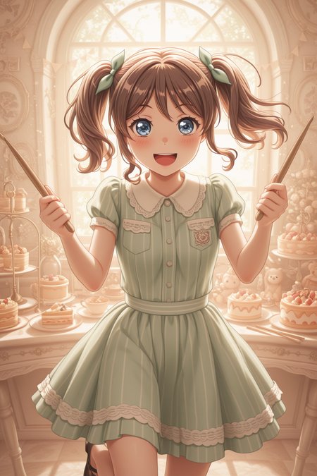 masterpiece, best quality, amazing quality, 1girl, solo, makeup, general, looking at viewer, blush, highres, cowboy shot, holding drumsticks, drum set, standing on one leg, tiered tray, cake, stuffed animals, balloons, string of flags, sunlight, lens flare, smile, blush, :d, whimsical garden party, <lora:Yamabuki_Saaya_Ban_Dori:1>, Yamabuki_Saaya_Ban_Dori, blue eyes, brown hair, long hair, twintails, hair ribbon, bow, breasts, sidelocks, striped dress, <lora:wai-2Rectified-V140:1>, <lora:illustrious_noobai_epsilon_pred_1_masterpieces_v1:1>