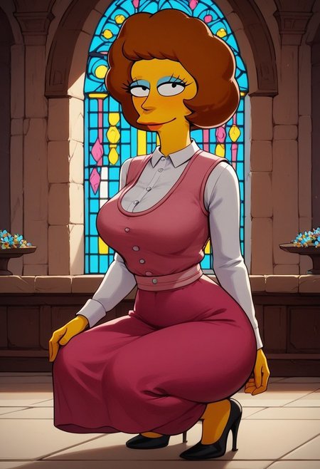 score_9, score_8_up, score_7_up, score_6_up, score_5_up, score_4_up,  
source: illustration,maude,Simpsons, expressive, full body, hypermuscular,slim waist,milf,(seductive pose,:1.15) cute, beautiful,wearing a white blouse and a pink skirt and vest,squatting, bend over at an altar,pretty,at a church, inside,brown hair,brown fur, highly detailed, intricate details, digital art, perfect anatomy, perfect proportions, 4k, (dynamic pose:1.25),the_simpsons_ponyxl, maude