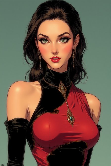 <lora:FANCHA_v.6:0.8> A highly detailed, digital photorealistic colors comic book inspired artwork features a feminine yet slender female character Alena. Mischievous smirk, sly yet friendly expression and elegant, toned posture. She wears an exquisite, (strict) yet  intriguing and captivating outfit.  (Realistic, natural body proportions. Photogenic, graceful pose).