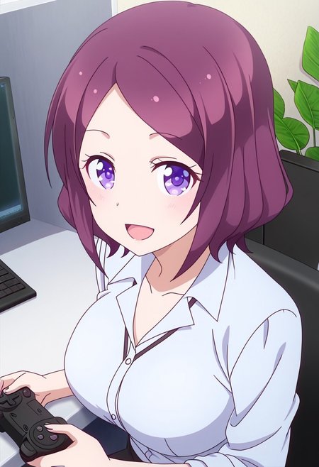 general,highres, ultra-detailed,very aesthetic,best quality ,best hands,best eyes,easynegative,
dynamic anglre, dutch angle, anime cloring,anime screencap,
1girl solo,looking at viewer,indoors,office, smile, sitting on chair, computer, desk,game controller, open mouth, 
Rin TOOYAMA,purple hair, short_hair, purple_eyes, huge_breasts,