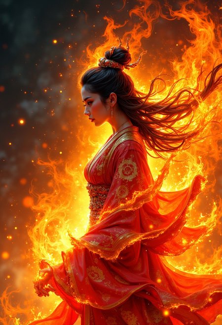 masterpiece, side portrait of a beautiful oriental fire goddess coalescing from swirls of light and fire,  HD32K, wallpaper, hyperdetailed, mythp0rt