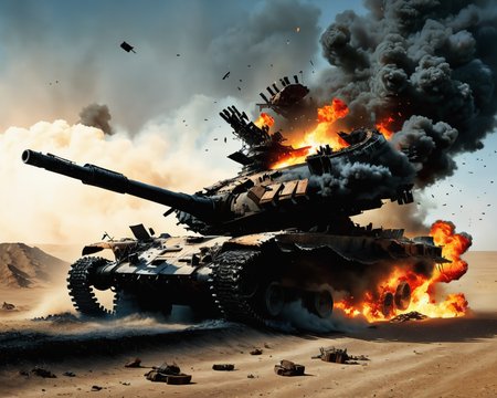 an exploding ((vtnktnk tank):1.0) in a mad max apocalypse film , dslr, 8k, beautiful, (perfect faces), hyper realistic <lora:vtnktnk_SDXL_v1_32-000015:1>