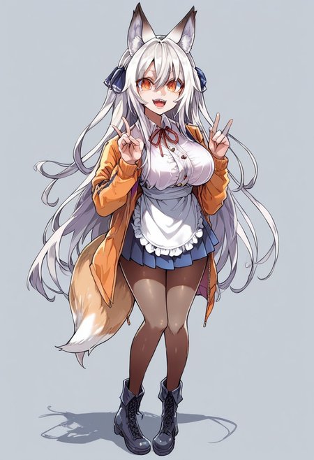 (score_9, score_8_up:1.1),score_7_up,zPDXL, 1girl, solo, tail, animal ears, long hair, maid dress, maid apron, pantyhose, fox tail, standing, fox ears, multiple tails, ribbon, (((white hair))), shirt, opened mouth, long sleeves, boots, full body, black footwear, fox shadow puppet, half closed eyes
looking at viewer, animal ear fluff, white shirt, simple background, very long hair, brown pantyhose, smile, big breasts, hair between eyes, orange eyes, jacket, frills, yellow eyes, neck ribbon, red ribbon, shadow, multicolowhite hair, wing collar, hair ribbon, black pantyhose, slit pupils, double tooth, two-tone hair, 
,<lora:kafu_Artist_Style:1>, detail1eye,