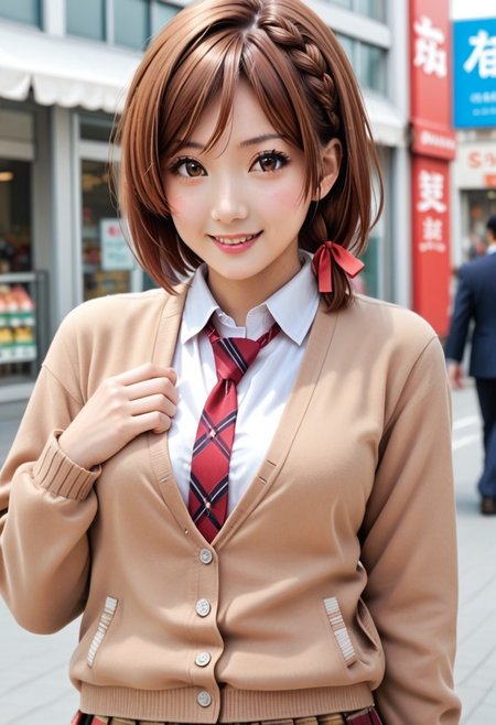 Japanese girl,  photorealistic, sakuramori akane, 1girl, solo, looking at viewer, blush, smile, short hair, brown hair, shirt, long sleeves, ribbon, brown eyes, school uniform, hair ribbon, white shirt, braid, necktie, collared shirt, plaid skirt, cardigan, red necktie, side braid, one hand on chest, brown cardigan, pedestrian, cities shopping district, side view, proportional body, cowboy shot, slender body,