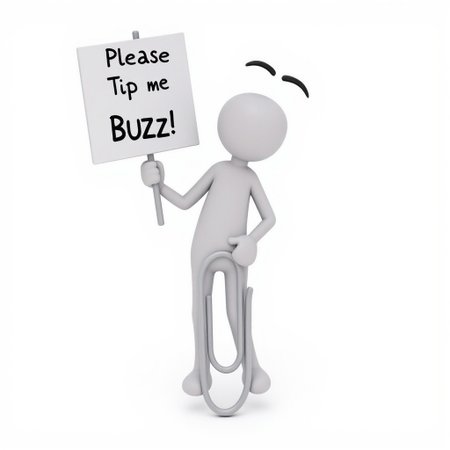 solo, clippy, holding a sign that says "Please tip me buzz!", text, white background, plain background, cartoon, masterpiece, best quality, absurd res, fine details