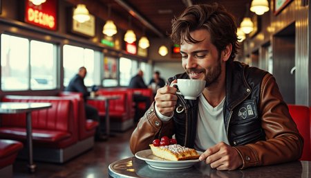 {"T5": ",A highly detailed photograph of a rebel starfighter pilot from Star Wars, sitting at the counter of a 1950s diner, with their helmet off, revealing a smiling face with a few days' worth of stubble, enjoying a cup of coffee and a slice of cherry pie, the pilot's eyes are cast downward, savoring the taste, their brown hair is messy and unkempt, the pilot's worn leather jacket is slung over the back of the stool, and they're wearing a simple white shirt and dark jeans, the camera is positioned at a 45-degree angle, about 10 feet away, capturing the pilot's profile, with the diner's chrome-edged counter and the row of stools leading off into the distance, the background is a warm, muted blur of red vinyl booths and vintage advertisements, with the faint glow of a neon sign outside, the lighting is soft and warm, with a slight sheen on the pilot's face and the chrome accents of the diner, the textures of the pilot's jacket, the counter, and the pie are all highly detailed, with intricate stitching, worn leather, and flaky crust,", "CLIP-L": ",rebel starfighter pilot, 1950s diner, coffee, pie, smiling face, leather jacket, white shirt, dark jeans, chrome counter, vintage advertisements, neon sign, warm lighting, highly detailed textures, messy brown hair, stubble, (starfighter pilot:coffee shop patron:.7),"}
<lora:Rebel_Starfighter_Pilot_-_Star_Wars_Flux:0.85>