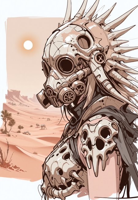 concept art, sketch, best quality, 1girl, gas mask, sitting, side view, portrait, bone armor, desert, trees, sun