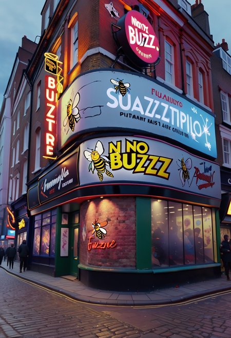 logo,text,sign that says,("NO BUZZ NO FUTURE":1.7), outdoors, wall, street, shops, beautiful view, typical London brick walls, paint, neon graffiti, surreal, piccadilly circus, punk, skiing -fi, dramatic lighting,  cinematic, atmospheric, intricate detail, extreme detail, UHD, 8k, masterpiece