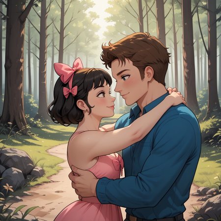 masterpiece, best quality, score_9, break. Ella_X_Topher, (1boy, Topher, Brown hair), break, (1girl, Ella, Black hair, hair bow), hug, forest, natural lighting