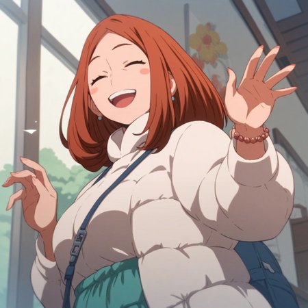 <lora:SlimesUrarakasMom:1>, score_9, score_8_up, score_7_up, slimes_urarakasmom, woman, solo, smiling, surprised, eyes closed, full body