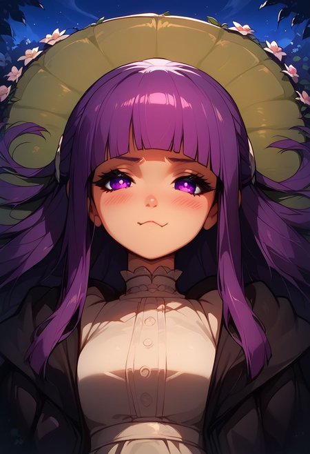 score_9, score_8_up, score_8, medium breasts, (curvy), cute, eyelashes, score_9, score_8_up, score_7_up, source_anime, 1girl, fern \(sousou no frieren\), large breasts, long hair, purple hair, blunt bangs, half updo, purple eyes, open robe, long dress, pout, puffy cheeks, looking at viewer, serious, blush, upper body, outdoors, laying down,  smile, blush,
night sky,