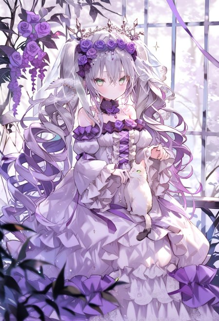 masterpiece, best quality, <lora:oninekoXL_ANI31_lokr_V43P1:0.95> 1girl, cat, dress, long hair, solo, flower, animal, long sleeves, very long hair, rose, frills, looking at viewer, hair ornament, hair between eyes, hair flower, purple flower, bare shoulders, frilled dress, white dress, blush, green eyes, purple rose, feathers, twintails, wide sleeves, closed mouth, puffy sleeves, purple dress, purple bow, grey hair, window, wings, purple ribbon, purple hair, grey eyes, ribbon, white cat, hand up, veil, tree, off-shoulder dress, bow, feathered wings, detached sleeves
