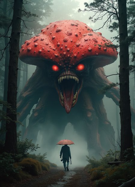 walking giantic flyagaric with teeth mouth chasing after hunter man, deep forest, detailed portrait, rural folk, ultra-detailed, 16k hdri, neo-expressionist, 50mm photo, , bright, modern ink, intricate