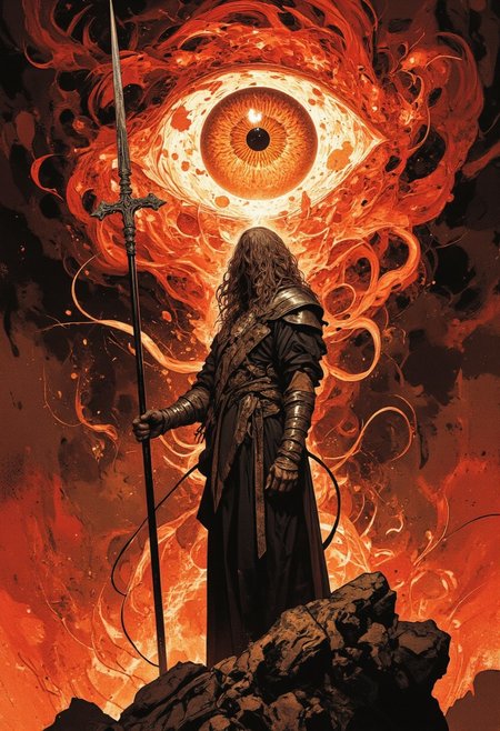 This is a digital illustration in a dynamic, semi-realistic style with heavy emphasis on dramatic, almost surreal elements. The artwork features a lone figure standing in a stylized, swirling vortex of dark, reddish-brown hues. The figure is a woman with long, flowing hair, dressed in dark, loose clothing, reminiscent of ancient warrior attire. She holds a long spear, its tip pointing upwards, suggesting readiness or determination. The focal point is her eye, which is the dominant feature in the center of the image. The eye is a striking, glowing orange, almost a solid circle, with intricate, swirling patterns around it, adding to the sense of intensity and focus. The background and surrounding area are filled with chaotic, abstract brush strokes and splatters in shades of red, black, and white, creating a sense of motion and chaos. The woman stands in a stylized, almost ethereal landscape, with the eye appearing to be the epicenter of the vortex, drawing the viewer's attention. The overall color palette is dominated by warm tones, with the intense reds and oranges contrasting starkly with the dark browns and blacks, giving the image a dramatic, almost apocalyptic feel.