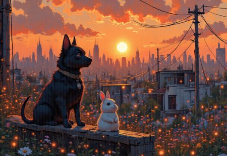 A serene urban sunset scene with a vivid red and orange sky illuminating the cityscape. A black dog is perched elegantly on a balcony railing, silhouetted against the warm glow of the setting sun. The dog gazes quietly into the distance, its tail curling softly around the railing, exuding a calm and reflective mood.
Next to the dog sits a small, white rabbit, its fur glowing faintly in the warm sunset light. The rabbit looks curious, slightly tilting its head as it observes the horizon alongside the dog, creating a harmonious and whimsical pairing. 
The background features a sprawling cityscape with rooftops, power lines, and tall buildings, all bathed in the golden light of dusk. Lush greenery grows along the edges of the balcony, adding a touch of natural beauty to the scene. The atmosphere is tranquil and enchanting, perfectly capturing the magic of a quiet moment shared between two unlikely companions.
<lora:Anime v1.3:1.2> <lora:Blue_Future:0.9> <lora:Ethereal_Brush_Anime_v1.0:0.6> <lora:It's a LoRA for portraits, BUT! actually specialized in backgrounds. v1.0:0.2>