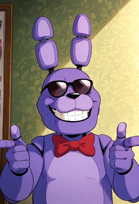 masterpiece, best quality, amazing quality, very aesthetic, absurdres, newest, detailed background,
cartoon, screencap, 
bonnie, rabbit ears, red bowtie,, 1boy, joints, animatronic
sunglasses, finger guns,  smile, teeth, holding glasses,