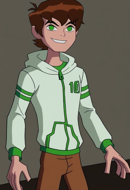 ,Ben tennyson 1boy,solo,playing,video game,smile,blue back ground,looking at viewer,brown hair,green eyes,white hoodie,long sleeves,brown pants