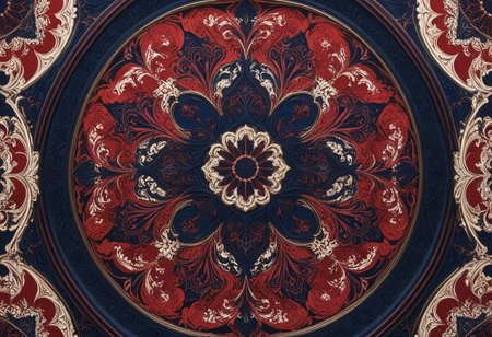 photo of a paisley pattern, official art, aesthetic, dynamic angle, hyper detailed, order and chaos, dark colors, (extremely detailed, intricate details, masterpiece, best quality, 8k wallpaper:1.4), dramatic lighting, (dark blue and madder red palette:1.2), boteh, paisley, navy blue, madder red, almond