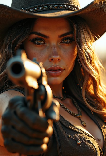 A dramatic close-up of a stunning gunslinger cowgirl aiming her revolver with intense precision. Her striking face is framed by loose strands of wavy hair, partially shadowed by her weathered, wide-brimmed hat. Her eyes, sharp and piercing, lock onto her target with unflinching focus, reflecting the sunsetâs golden glow. A faint smirk plays on her lips, exuding confidence and danger. The detailed revolver, with ornate engravings, is held firmly in her gloved hand, pointing directly forward. Dust motes dance in the sunlight around her, highlighting the tension of the moment. The background is a blurred hint of a Western town, adding depth but keeping all attention on her fierce and captivating presence. The atmosphere is charged, capturing the deadly allure and skill of a gunslinger ready for the final showdown.