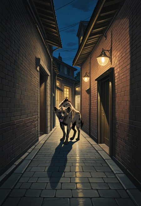 lazypos, retro_artstyle, masterpiece, best quality, amazing quality, cinematic ambiance, deep contrast, rich color tones, anime, 1monster, Werehyena, Monster, hyena, peeking_around_corner, brick alleyway, shadowy alley, looking at viewer, perfect background, outdoors, night, slum, sidewalk, night, urban, animation artstyle,