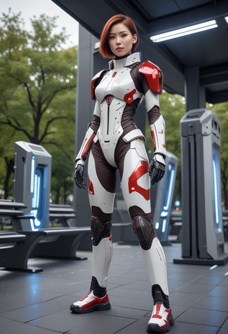 ((fashion photography)), perfect face, perfect eyes, (medium full shot) of  (vivacious futuristic soldier) young woman, korean, dark brown eyes, pale skin, light skin, light brown eyes, willowy build, long red inverted bob hair, wearing Plasma-infused exosuit with neural control interface, multi-spectral visor with threat detection, energy gauntlets with plasma cannons, anti-gravity combat boots, High-caliber railgun with electromagnetic propulsion, set in  public park, Fitness Plaza, Open-air area with high-tech exercise equipment, rubberized flooring, LED-lit pathways, solar-powered benches with charging docks, retractable awnings , smiling at the viewer, masterpiece, best quality, photorealistic, very aesthetic