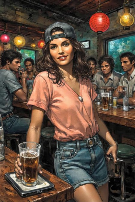 juangimenez1 illustration. 
The air buzzes with the energy of a busy bar, a mix of music, conversation, and the clinking of glasses. A barmaid, the embodiment of youthful vibrancy, navigates the lively scene. She wears a peach-coloured T-shirt, the soft fabric contrasting with the smooth, cold glass of coke she carries on a small tablet. Her short skirt adds a playful touch, and a backwards baseball cap hints at a carefree attitude. The setting and atmosphere are palpable: the warm, slightly sticky surface of the bar counter under her fingertips, the dim, colourful lighting that casts playful shadows. Sensory details are abundant: the condensation forming on the glass of coke, the texture of her denim skirt, and the way the bar lights catch the highlights in her hair. Her confident stride, her quick smile, and her efficient movements. Stylistically, the image draws inspiration from the vibrant, candid shots of nightlife photographers, with a touch of the stylized realism found in contemporary illustration. There's a deliberate contrast between the barmaid's youthful energy and the slightly worn, lived-in atmosphere of the bar, creating a dynamic and engaging image.  <lora:juangimenez1_cap_d8a4e12:1.0><lora:857661709295300077:0>