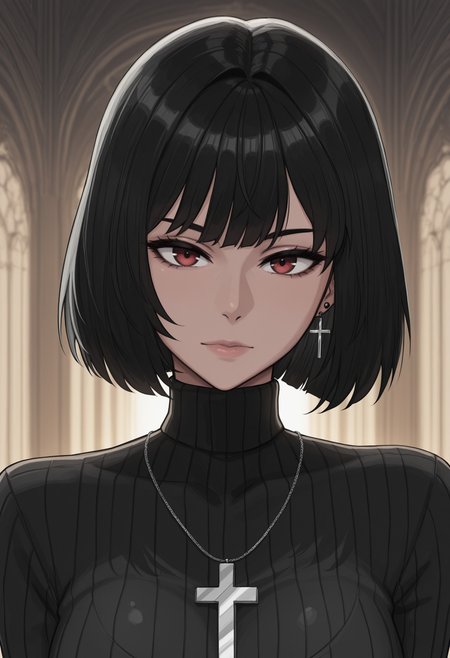 mature female, 1girl, solo, short hair, black hair, jewelry, looking at viewer, necklace, cross, portrait, bangs, red eyes, closed mouth, turtleneck, blurry background, cross necklace, lips, piercing, blurry, bob cut, eyelashes, offset view, ambient lighting, global illumination, cutscene, masterpiece, best quality, ultra-detailed, amazing quality, very aesthetic, incredibly absurdres, highres, newest, latest, dwndr2, <lora:93800f3c-e3f2-4135-b1a0-abb4660823d6:1.0>