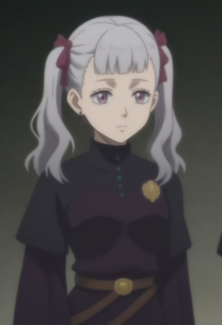 source_anime, anime screencap, source_anime, auratheguillotine, anime screencap, masterpiece, source_anime, shiny skin,,,,,,<lora:noellesilva-pdxl-nvwls-v1-000005:1> noelle silva, grey hair, purple eyes, twintails, hair ribbon, black capelet, green strap, white and purple dress, long sleeves, belt,