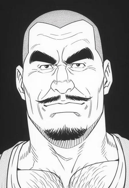 kenpei, greyscale, monochrome, buzz cut, male focus, 1boy, simple background, dark background, goatee, thick eyebrows, old man, portrait, looking at viewer, 
BREAK
best quality, masterpiece, very aesthetic, absurdres, highest detailed  <lora:Military_Policeman_from_Hikokumin_by_Gengoroh_Tagame_v0.2:1>